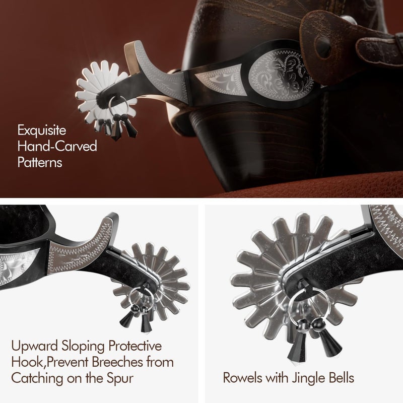 EQUSPUR Western Cowboy Spurs, 1 Pair Horse Spurs with Rowels, Antique Horse Boot Spurs with Hand-Carved Decoration for Adult Equestrian, Men Women - Image 4